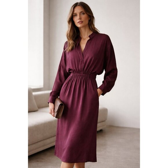 Vince Dresses & Skirts - Vince Womens Midi Dress Sz Small Merlot Red Silk Jacquard Minimalist Blouson